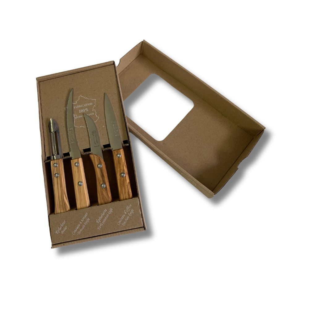 Boîte ouverte de couteaux manches bois clair